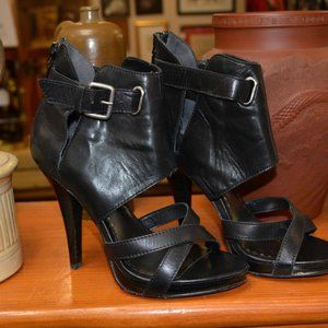 BEBE RIO Black Leather SEXY Stiletto Sandals Shoes Buckles Zip Back Ankle Wrap 5